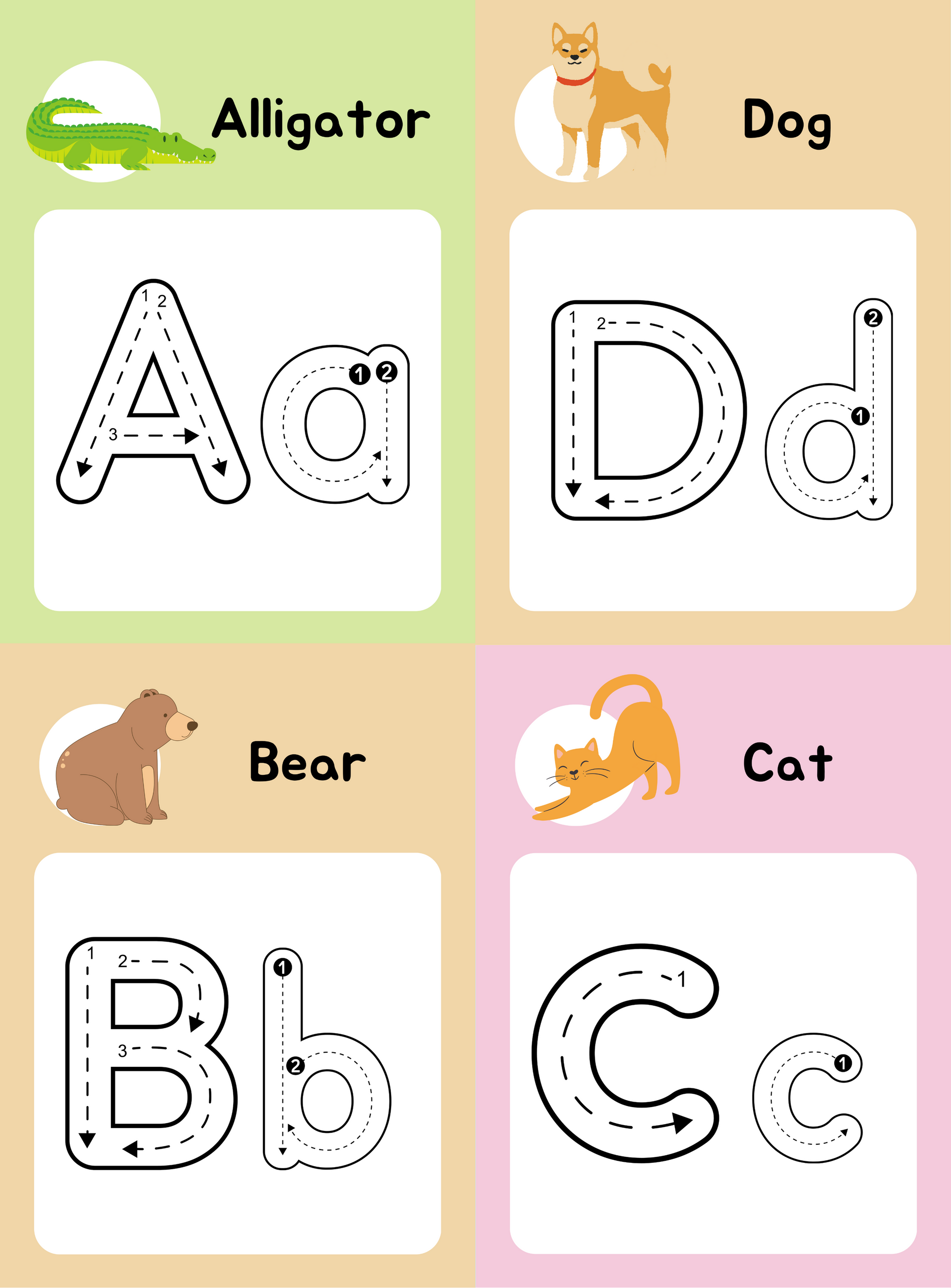 Animals A-Z Alphabet Tracing Cards | English Handwriting Practice Workbook