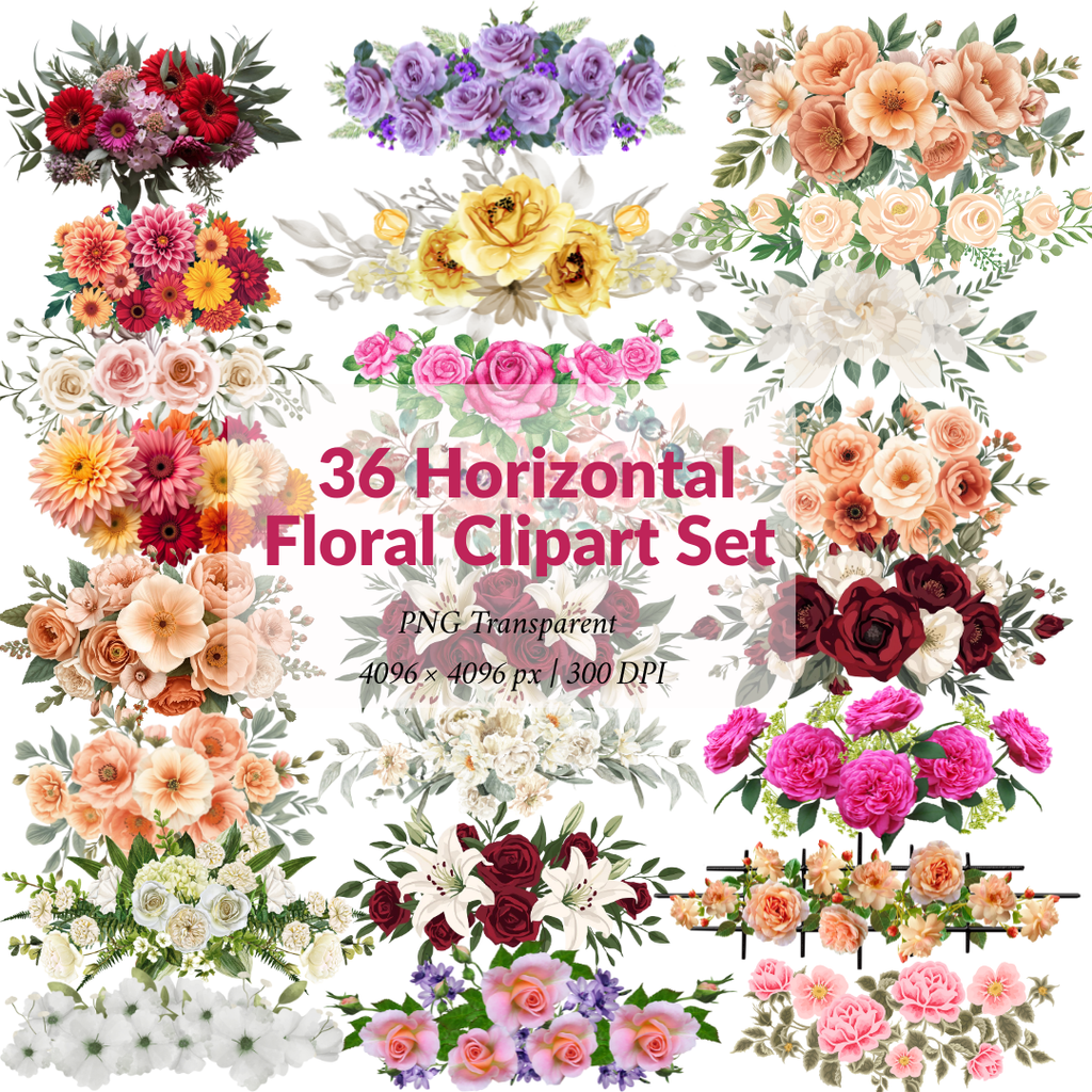 36 Horizontal Floral Clipart Set – PNG Transparent Flowers – 300 DPI – 4096×4096 High Resolution