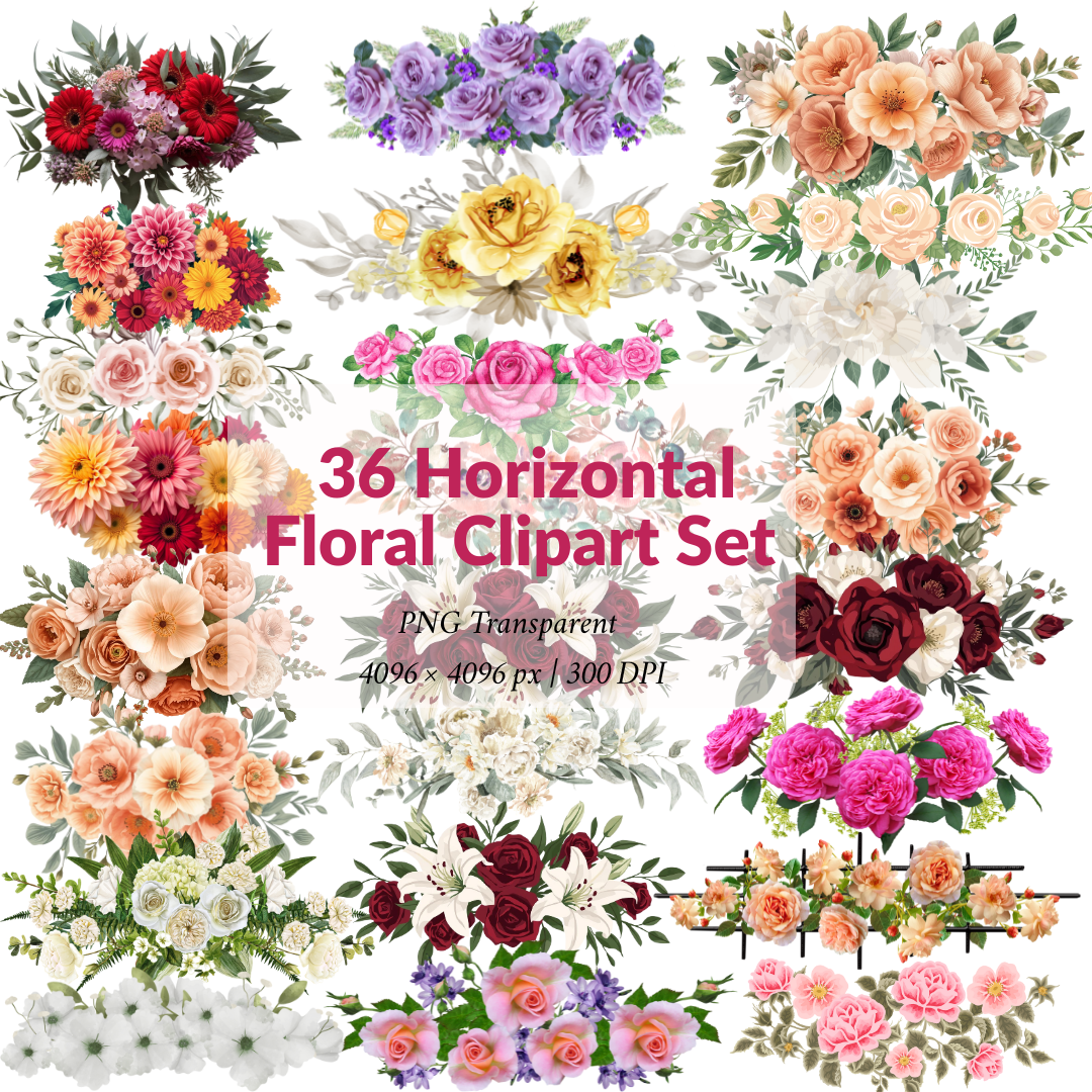 36 Horizontal Floral Clipart Set – PNG Transparent Flowers – 300 DPI – 4096×4096 High Resolution