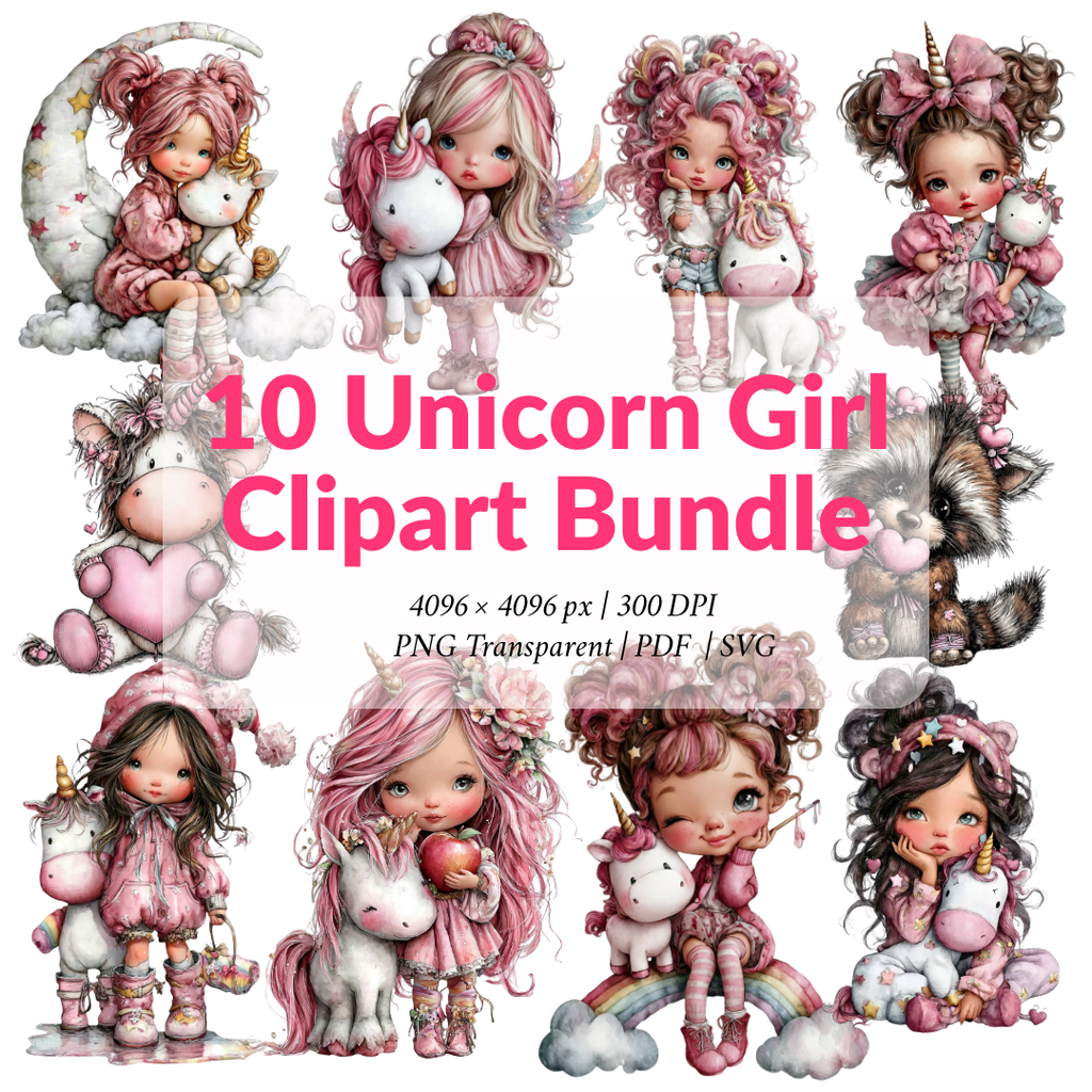 Unicorn Girl Clipart Bundle – Cute Kawaii Unicorn & Fantasy Girl PNG, SVG, Printable PDF
