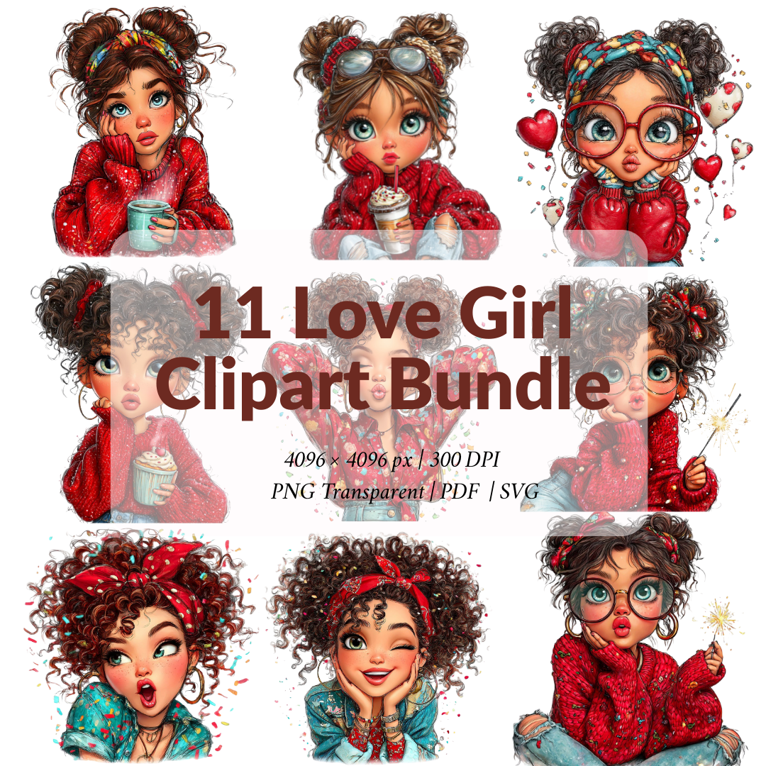 11 Cute Valentine Girl Clipart Bundle – Kawaii Love Girl red