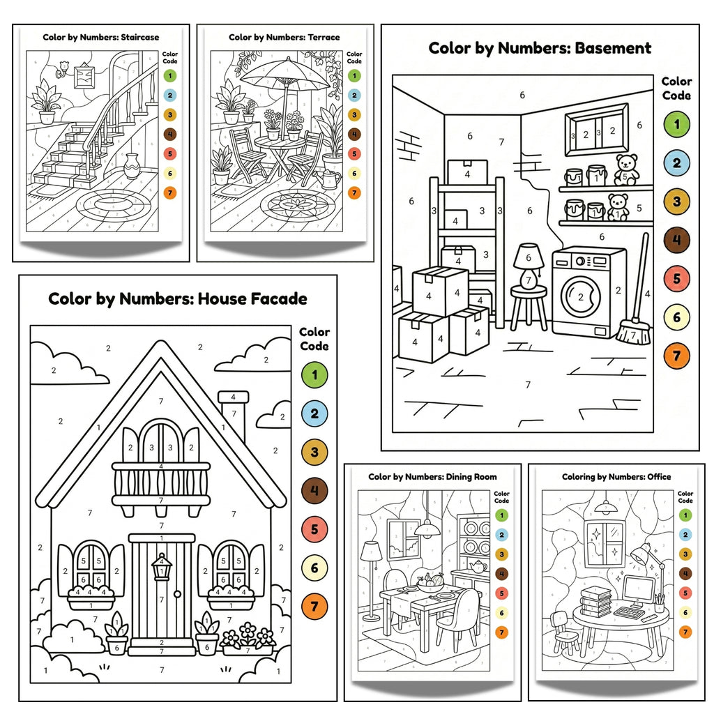 My House Color by Numbers Printable | 20 Interior Design Coloring Pages