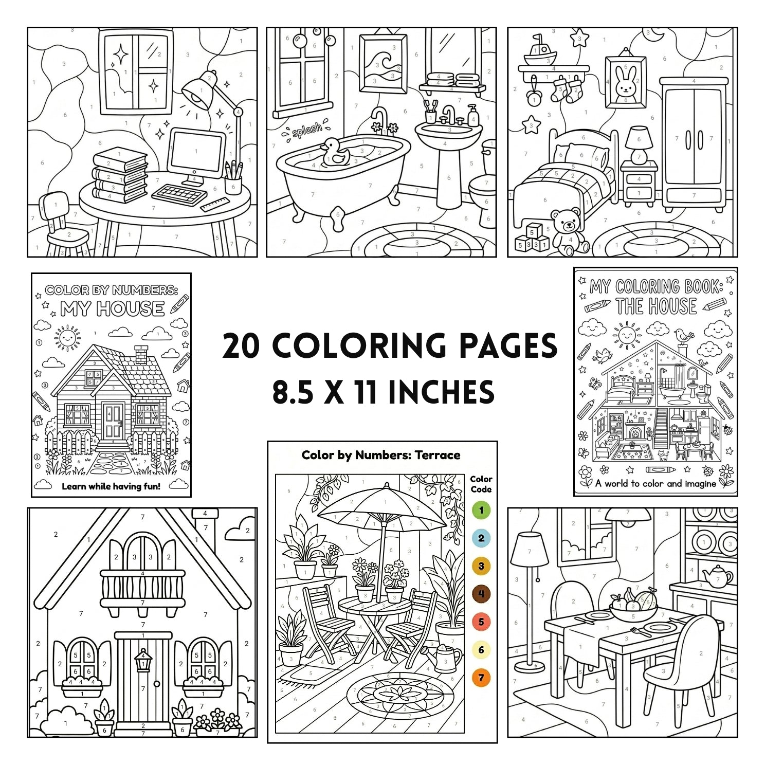 My House Color by Numbers Printable | 20 Interior Design Coloring Pages