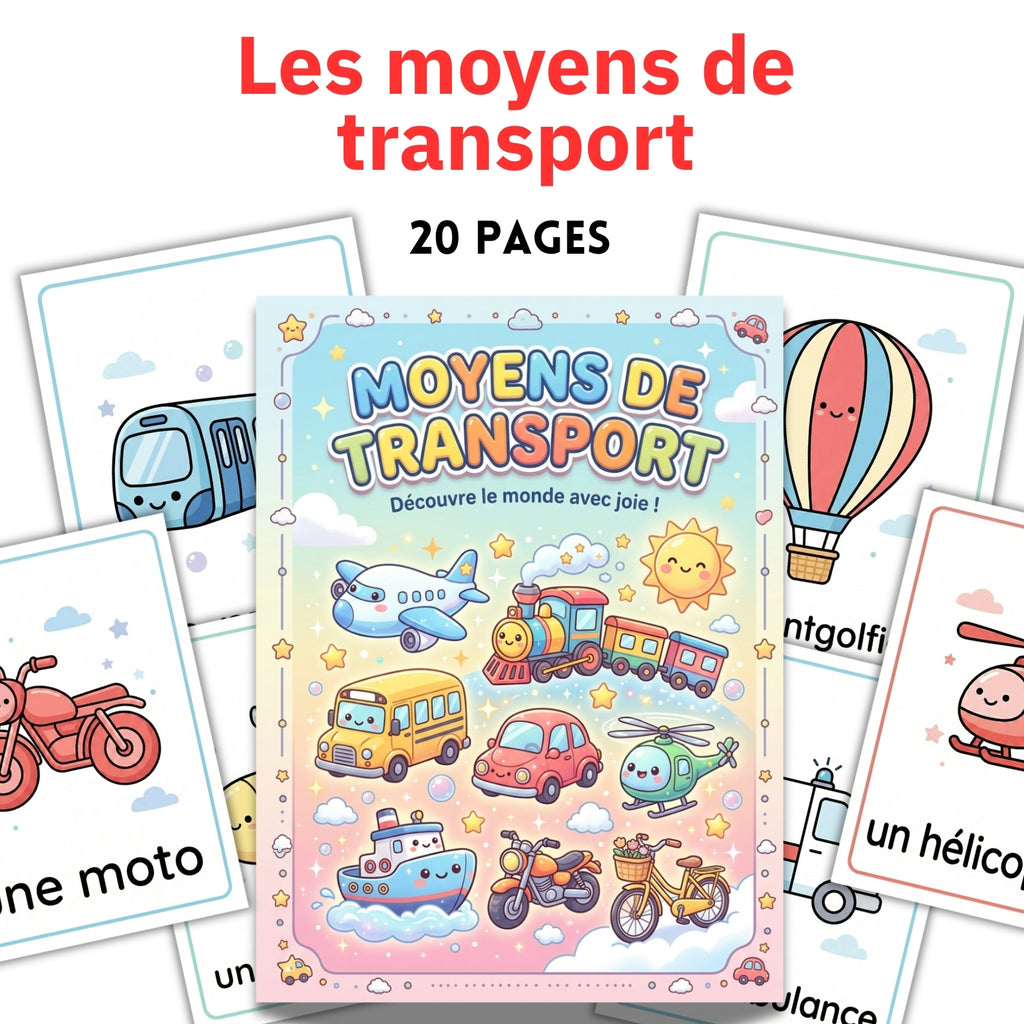 French Transportation Flashcards | 20 Page Kids Vehicles Vocabulary Prints
