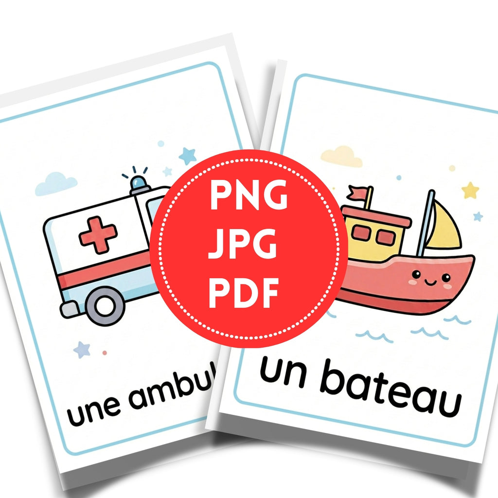 French Transportation Flashcards | 20 Page Kids Vehicles Vocabulary Prints
