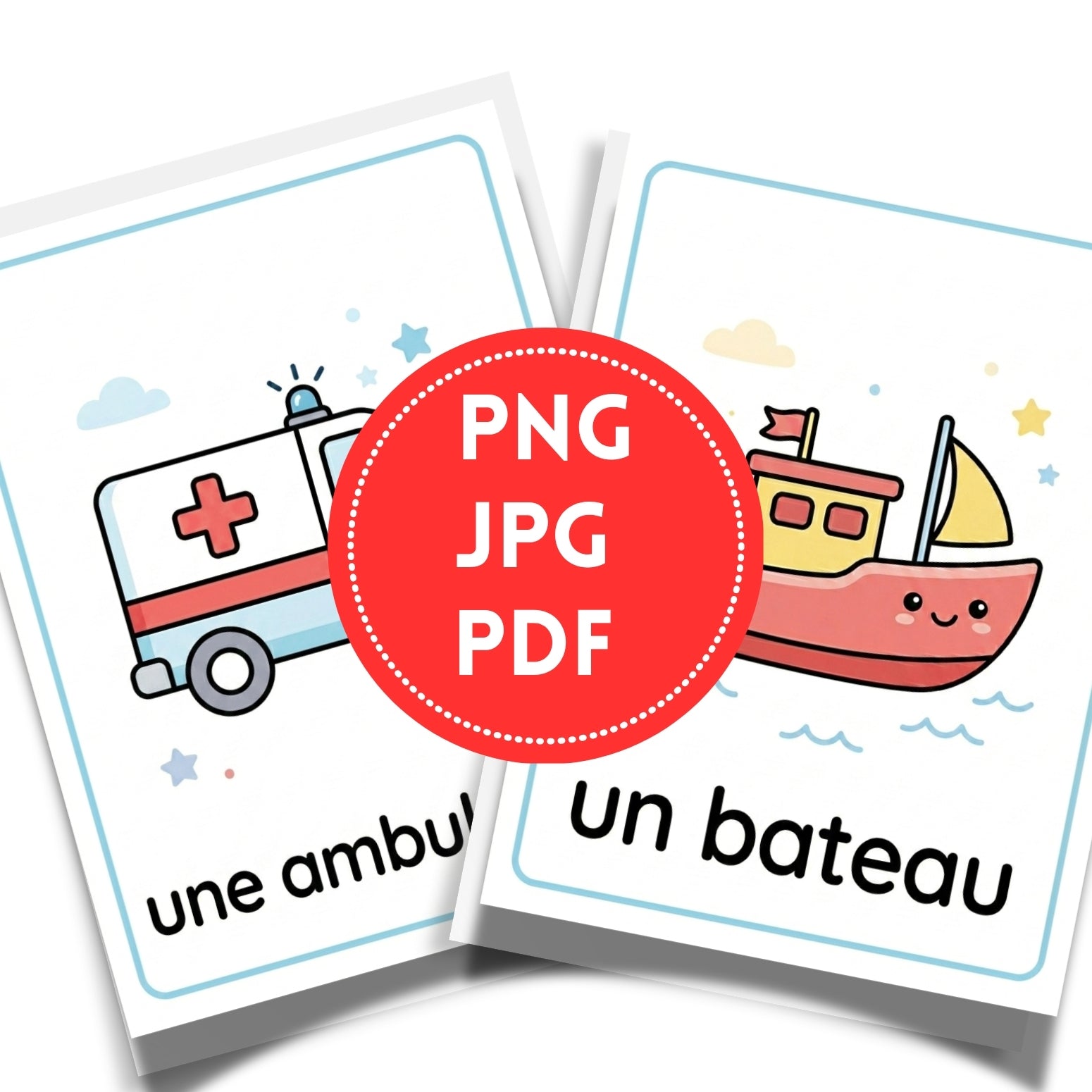French Transportation Flashcards | 20 Page Kids Vehicles Vocabulary Prints