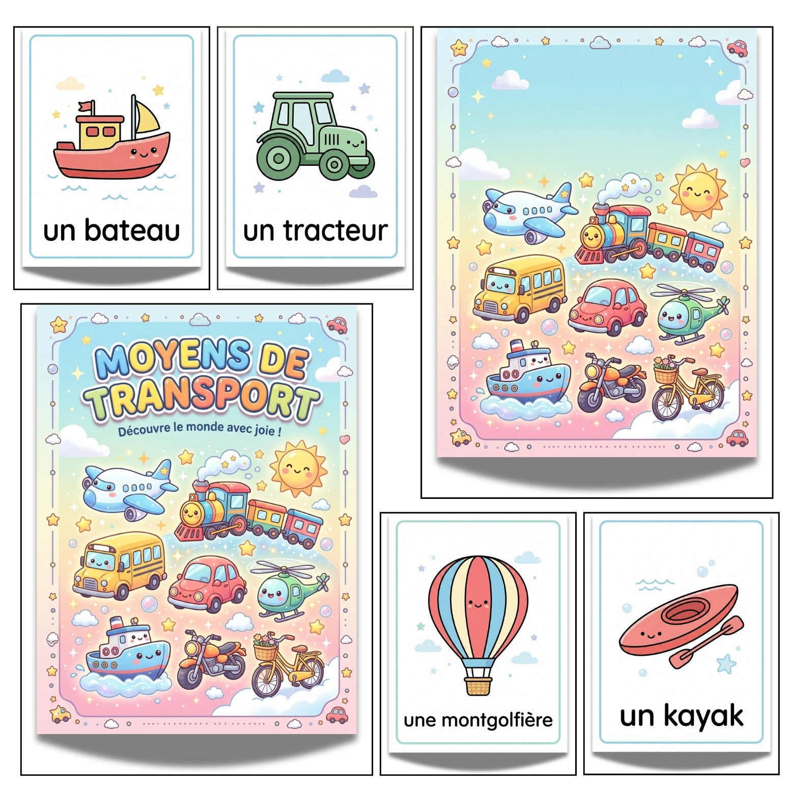 French Transportation Flashcards | 20 Page Kids Vehicles Vocabulary Prints