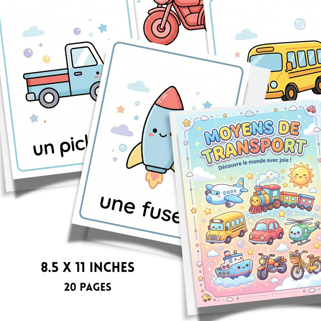 French Transportation Flashcards | 20 Page Kids Vehicles Vocabulary Prints