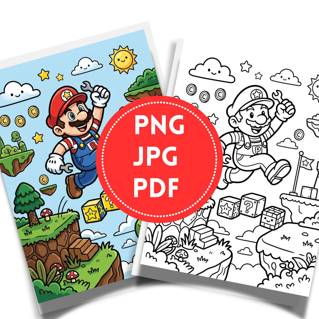 Printable Super Plumber Coloring Book | 30 Retro Video Game Activity Pages