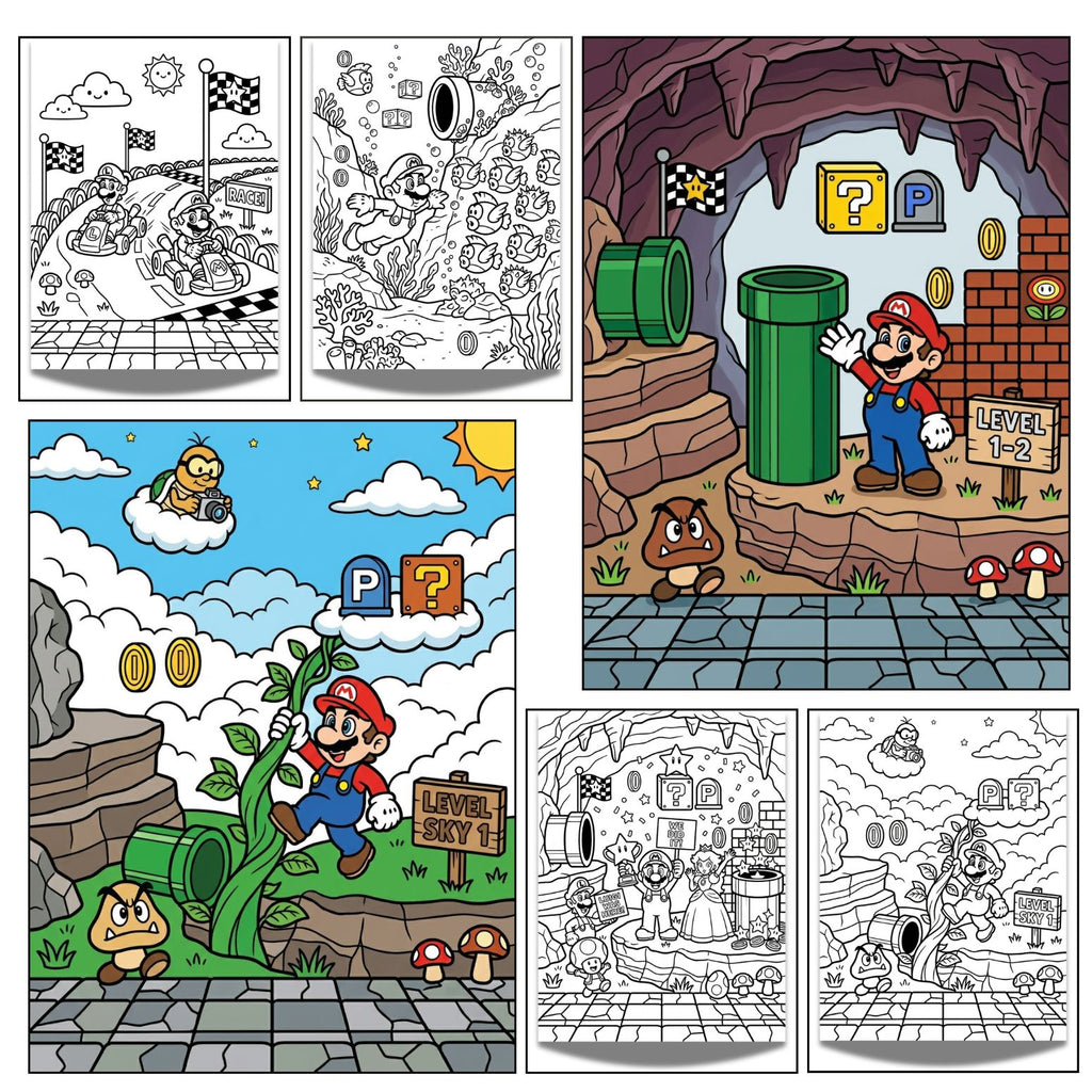 Printable Super Plumber Coloring Book | 30 Retro Video Game Activity Pages