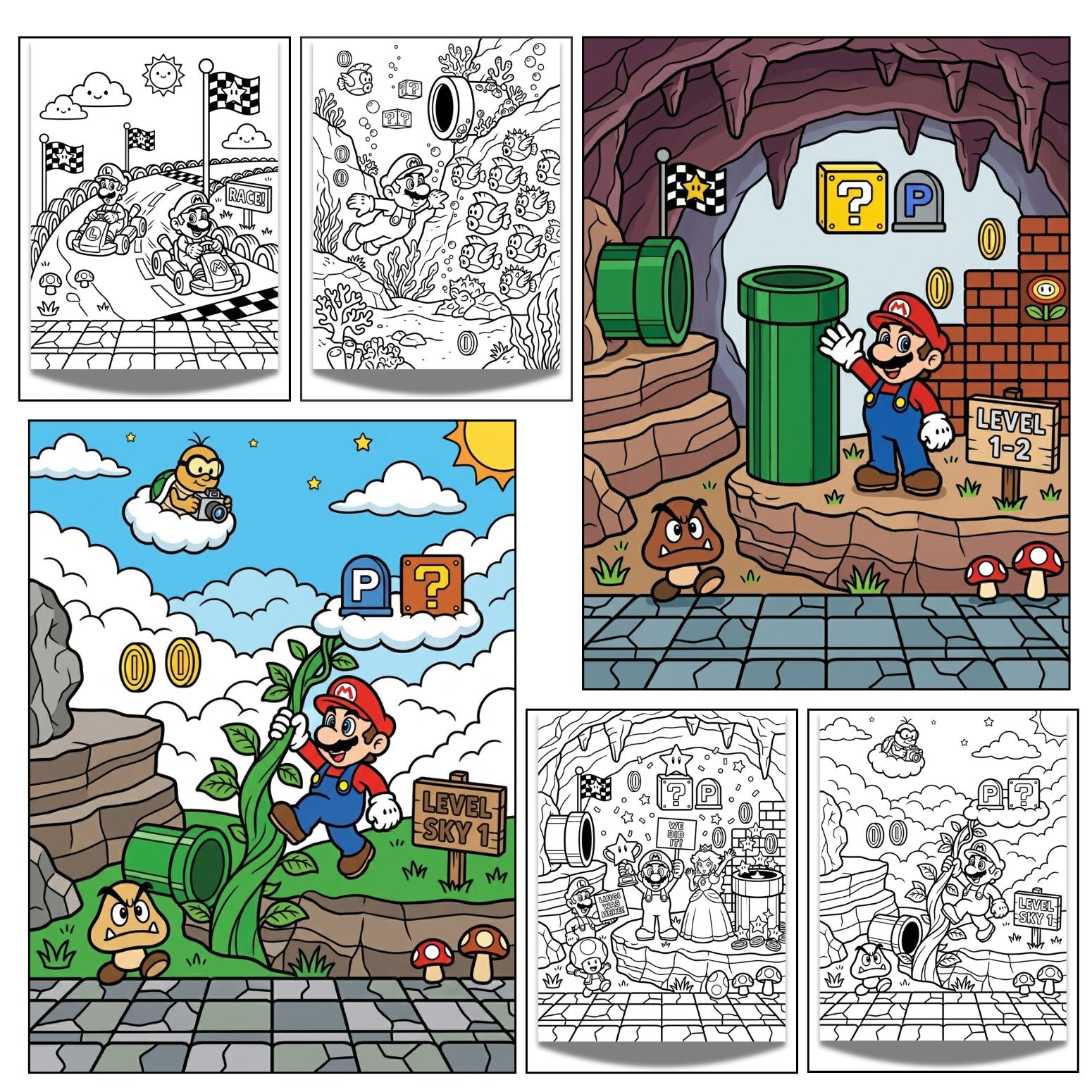 Printable Super Plumber Coloring Book | 30 Retro Video Game Activity Pages