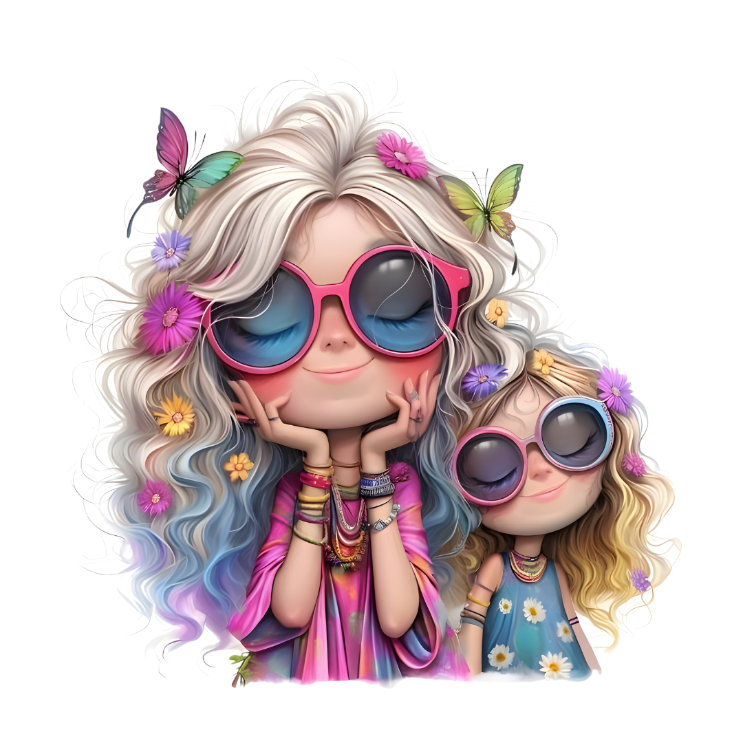6 Cool Hippie - Chic Girls Clipart llustrations with Flowers