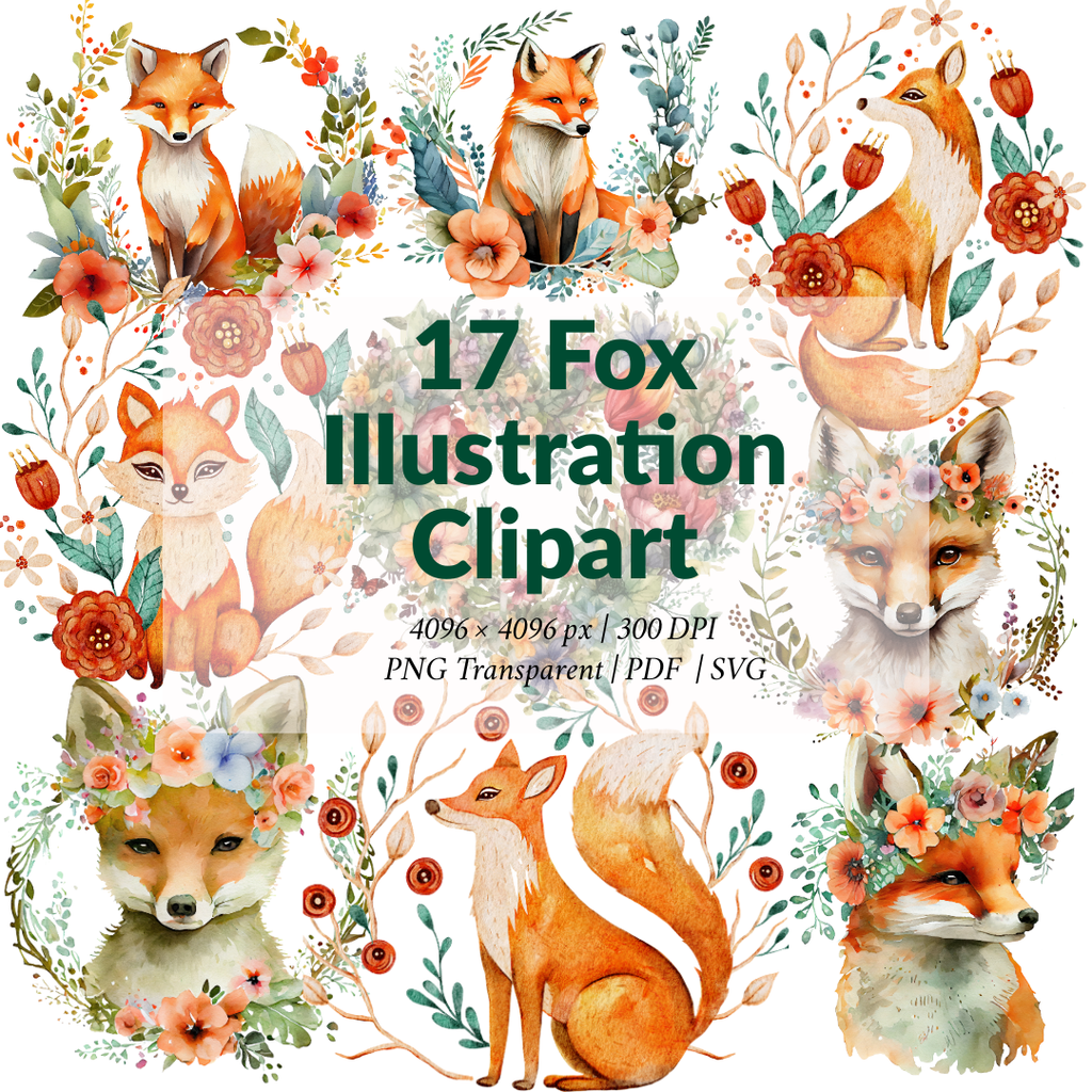 Fox Illustration Clipart – PNG Transparent 4096×4096 | 300 DPI Digital Download