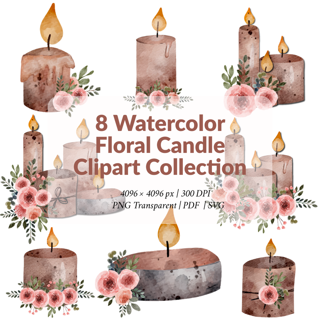 8 Watercolor Floral Candle Clipart Collection