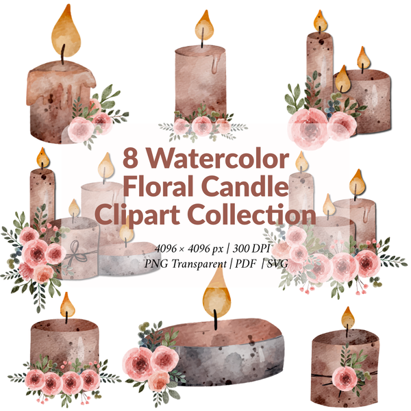 Collection de 8 Cliparts de Bougies Florales à l’Aquarelle