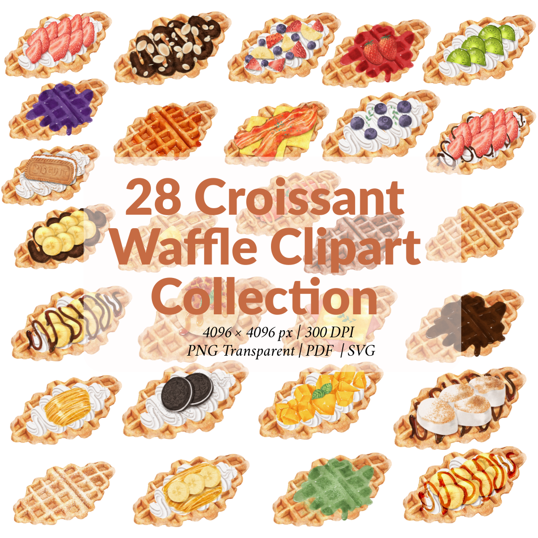 Watercolor “Croissant Waffle” Clipart Collection – Premium Assorted Flaky Waffle Desserts