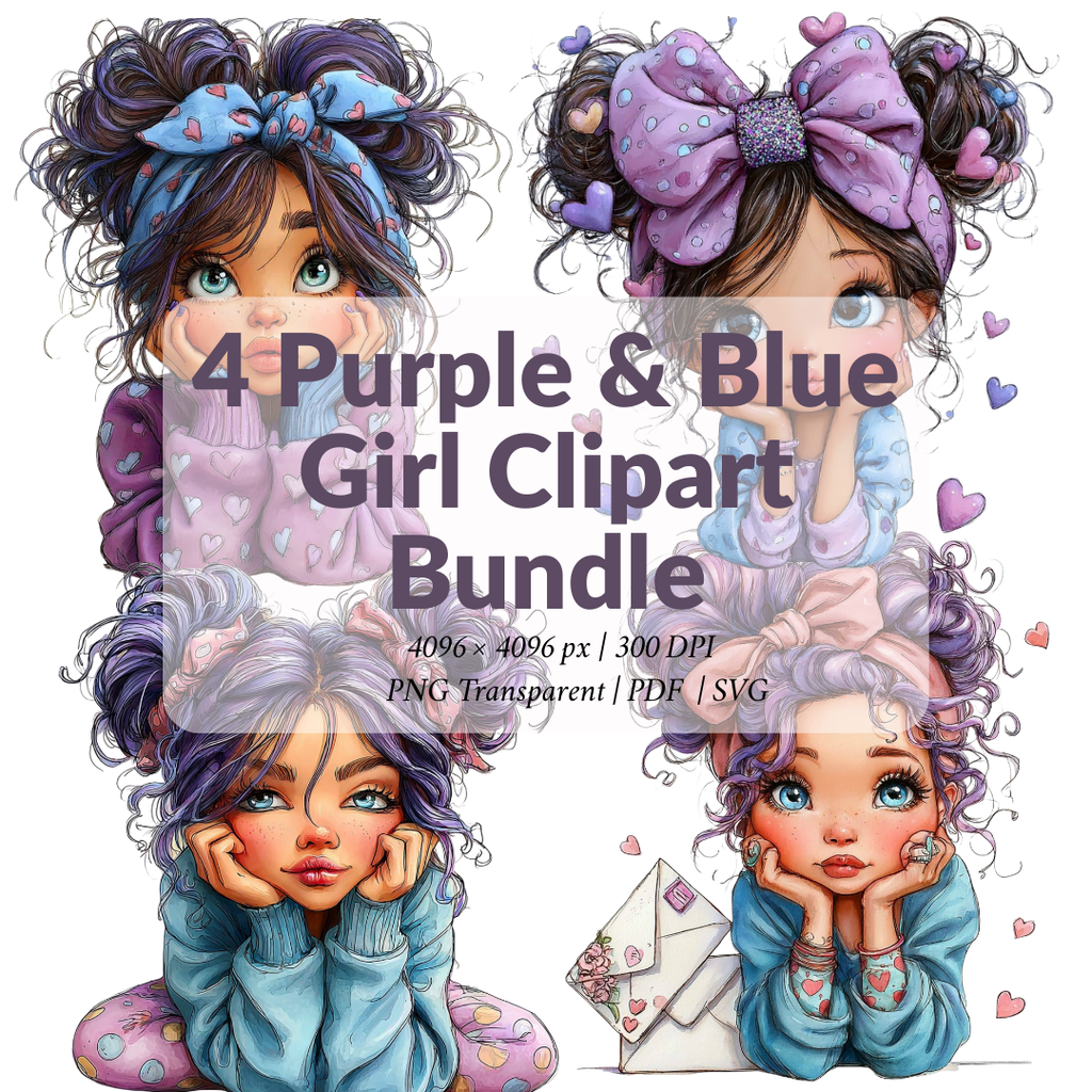 4 Purple & Blue Girl Clipart Bundle