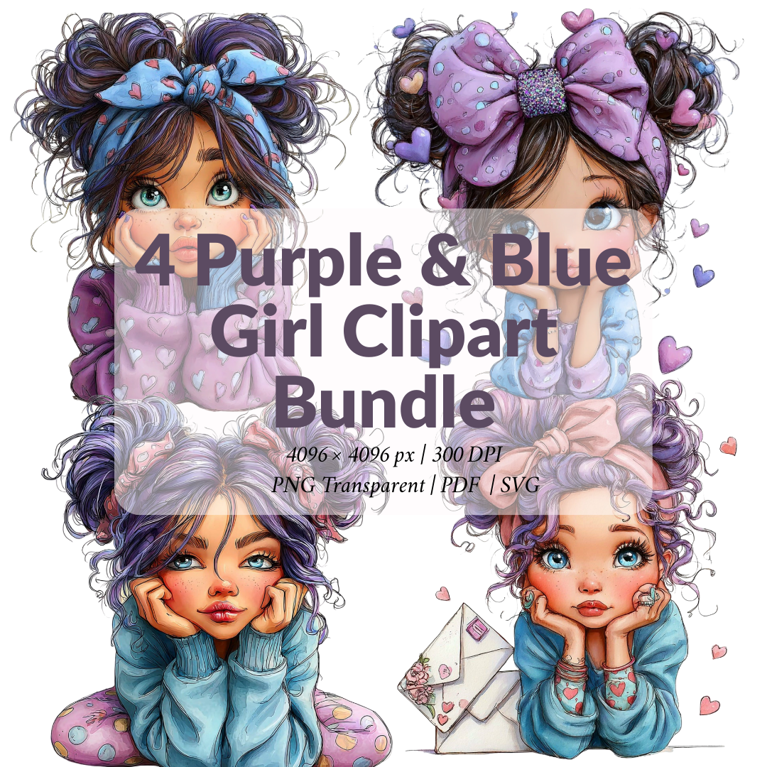 4 Purple & Blue Girl Clipart Bundle
