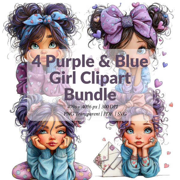 Cliparts Filles – 4 illustrations aux tons violet & bleu
