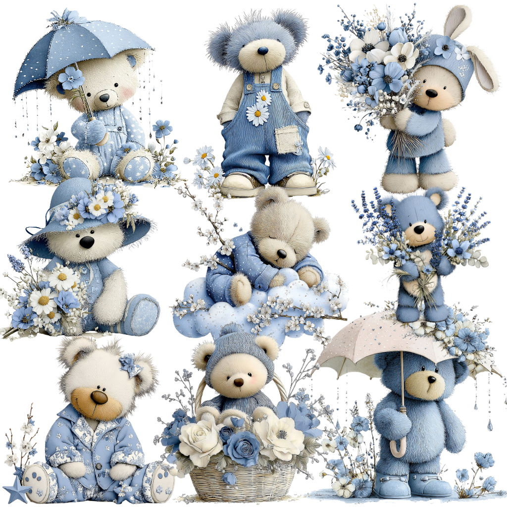 18 Blue Teddy Bear Floral Clipart Bundle