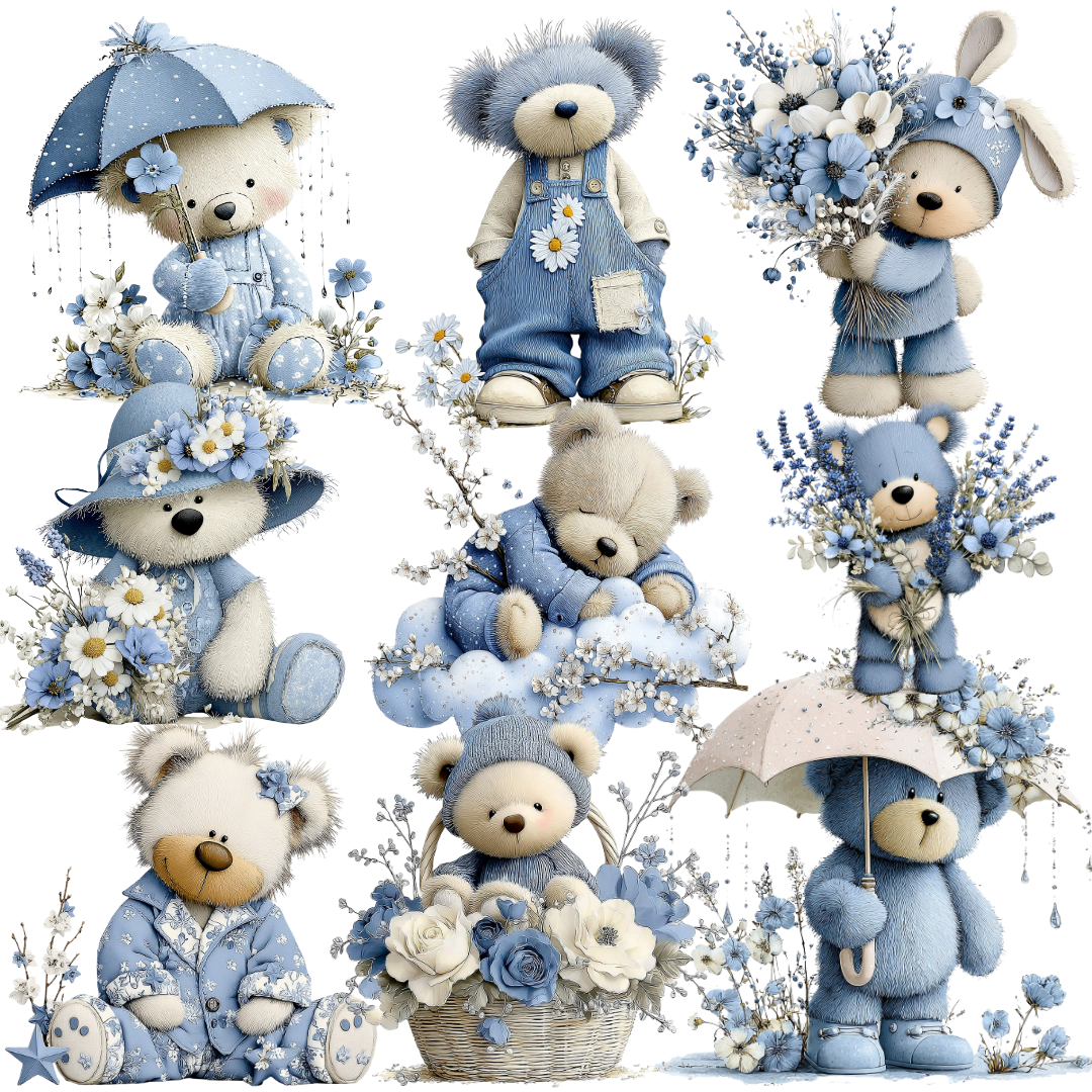 18 Blue Teddy Bear Floral Clipart Bundle