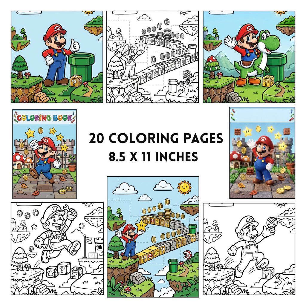 Printable Super Plumber Coloring Book | 30 Retro Video Game Activity Pages