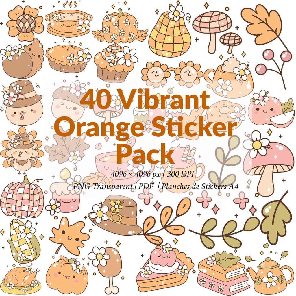 Vibrant Orange Sticker Pack – 40 PNG Cliparts & A4 Print Sheet