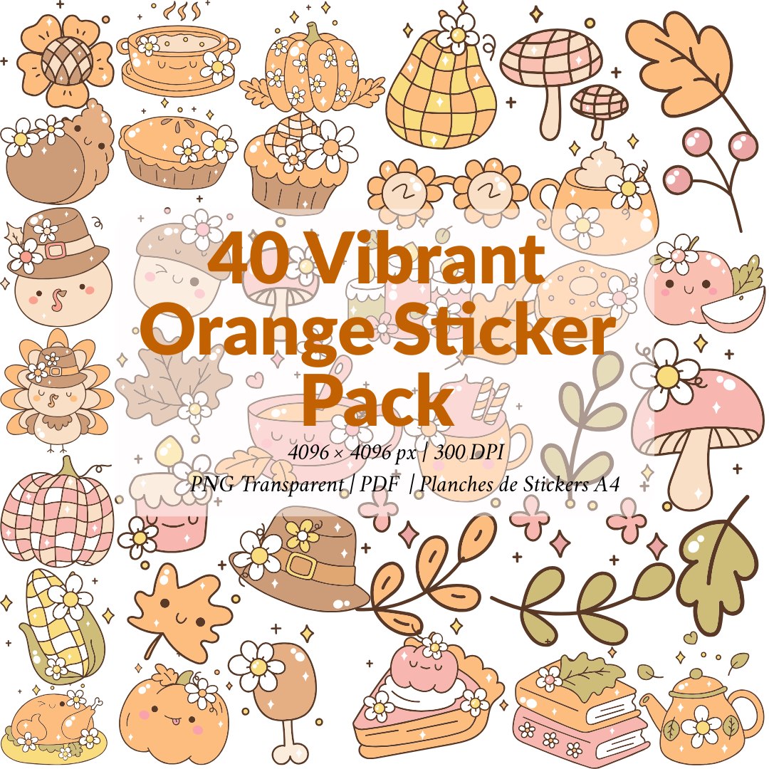 Vibrant Orange Sticker Pack – 40 PNG Cliparts & A4 Print Sheet