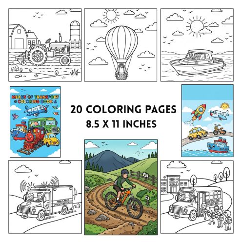 Kids Vehicles Coloring Pages PDF JPG PNG | 20-Page Digital Transportation Book