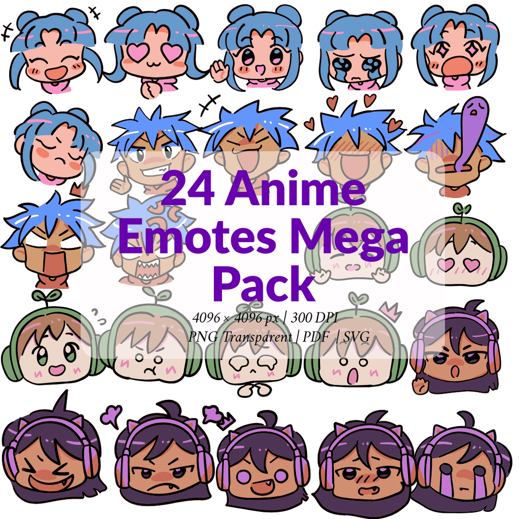 24 Anime Emotes Mega Pack - Boy & Girl – PNG, SVG, PDF – 300 DPI High-Res