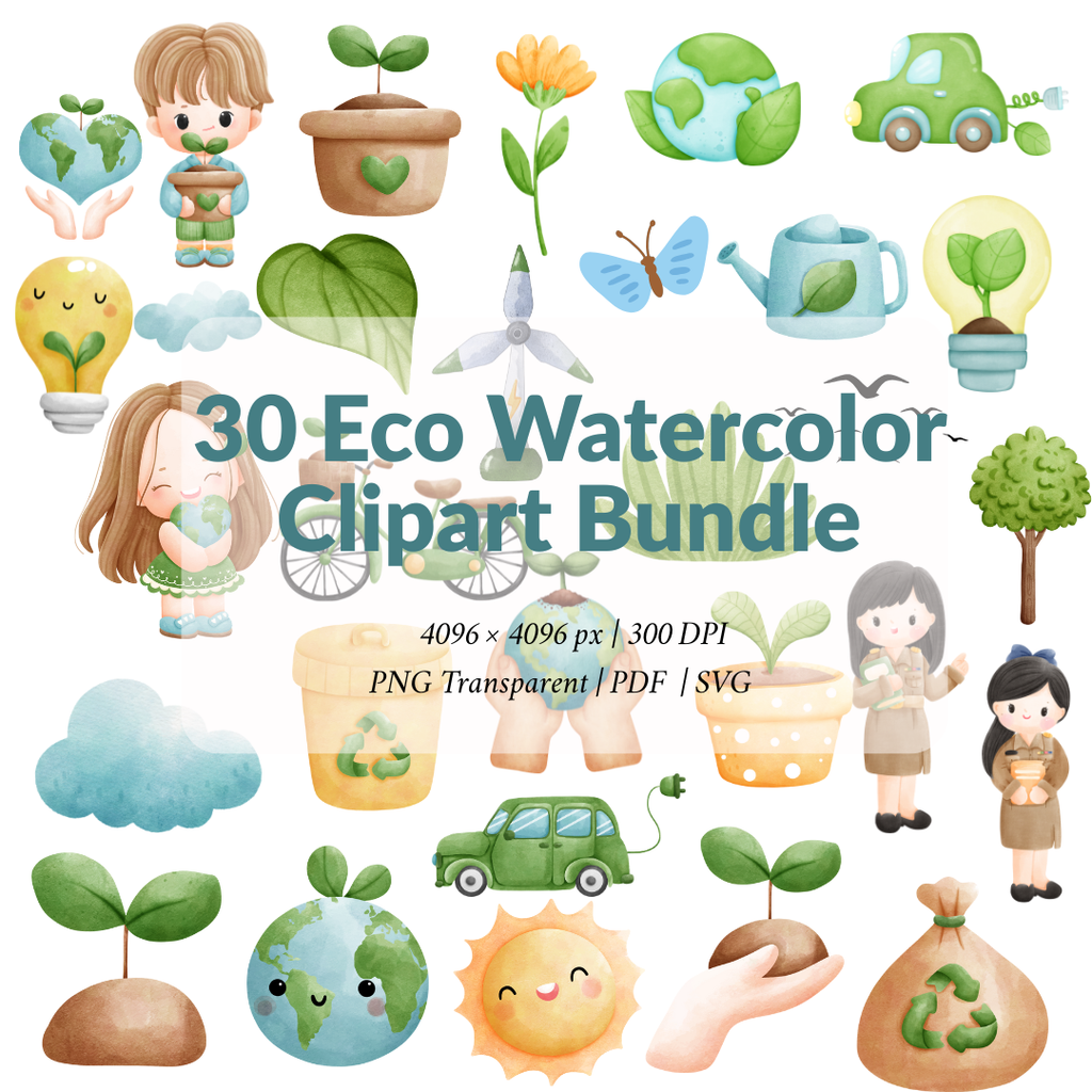 Eco Watercolor Clipart Bundle – Kawaii “Green Earth” Set (Transparent PNGs + SVG + PDF)