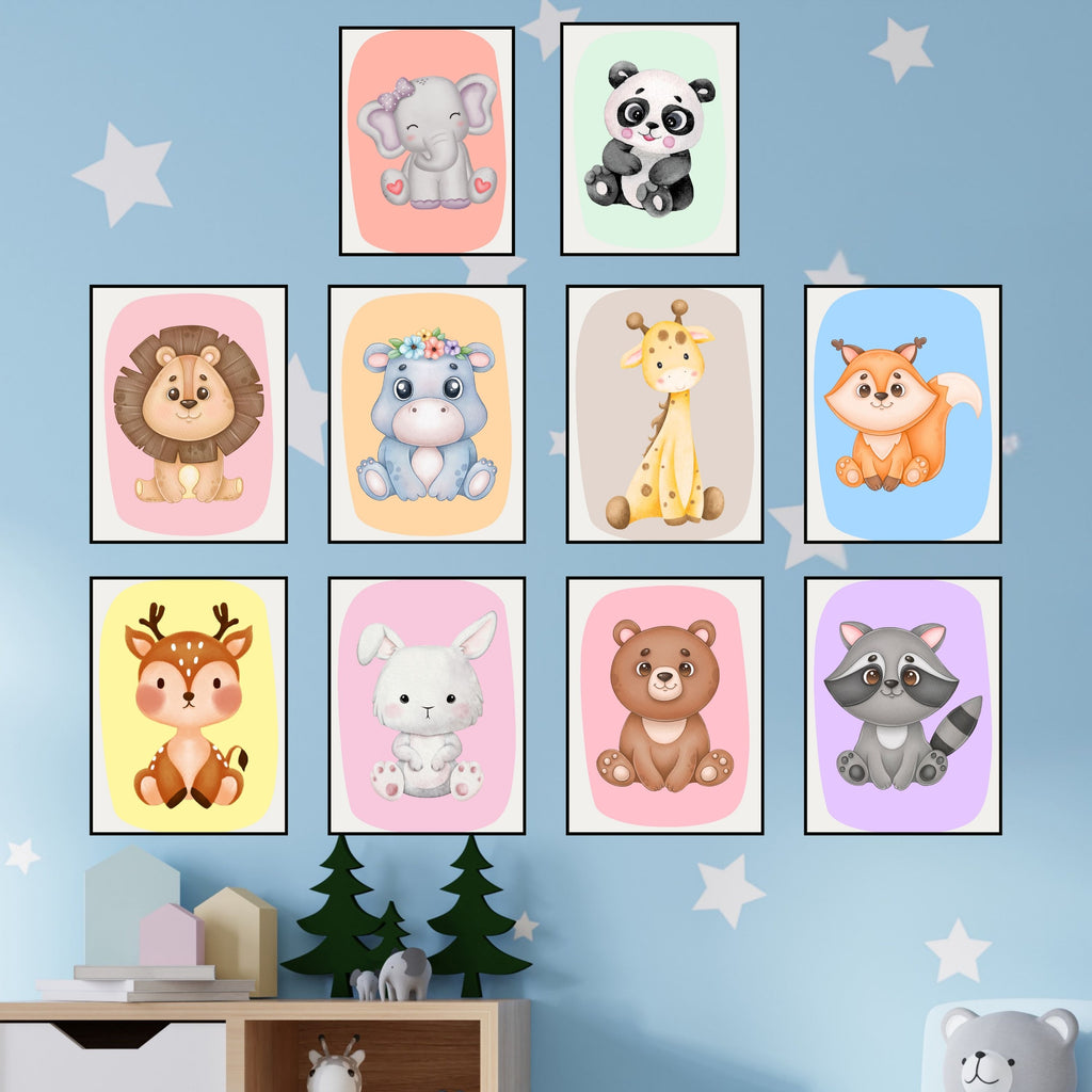 Kids Animal Wall Art Set – 10  Nursery Prints | Playroom Decor | Digital PNG 300 DPI