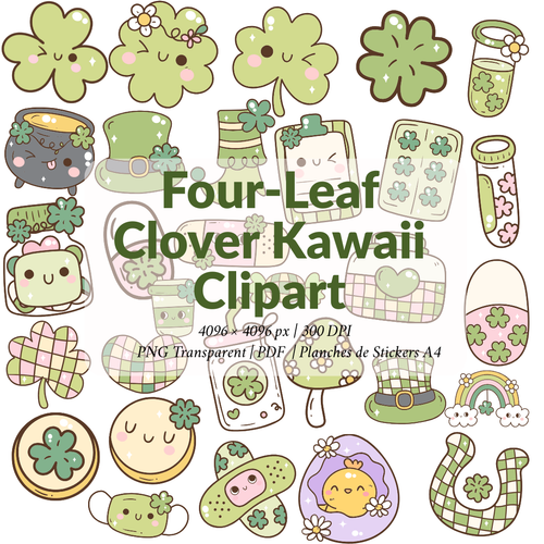 27 Cliparts Kawaii de Trèfles à Quatre Feuilles – Feuilles Vertes Porte-Bonheur PNG