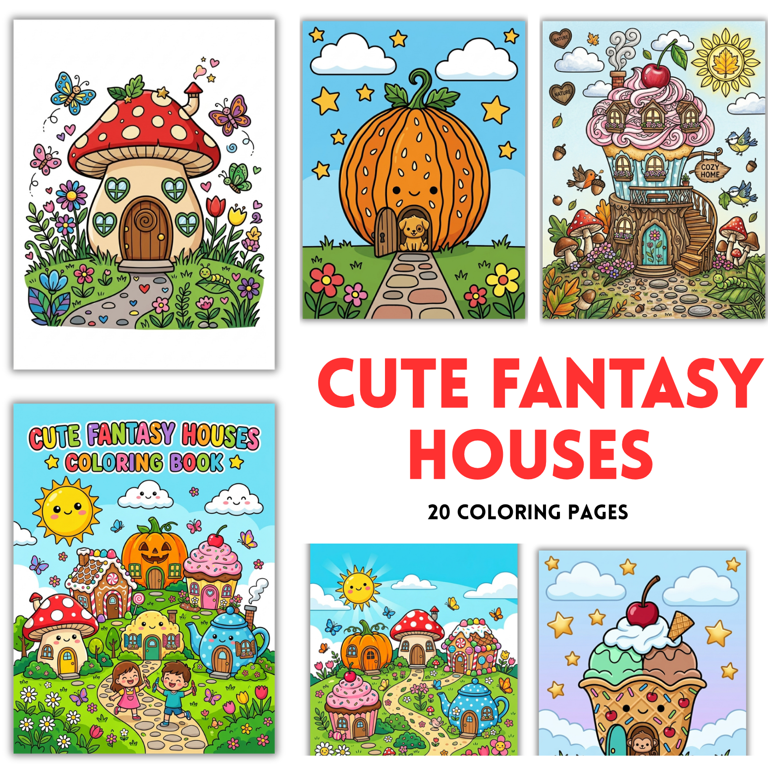 Cute Fantasy Houses Coloring Book | 20 Whimsical Fairy Home Pages