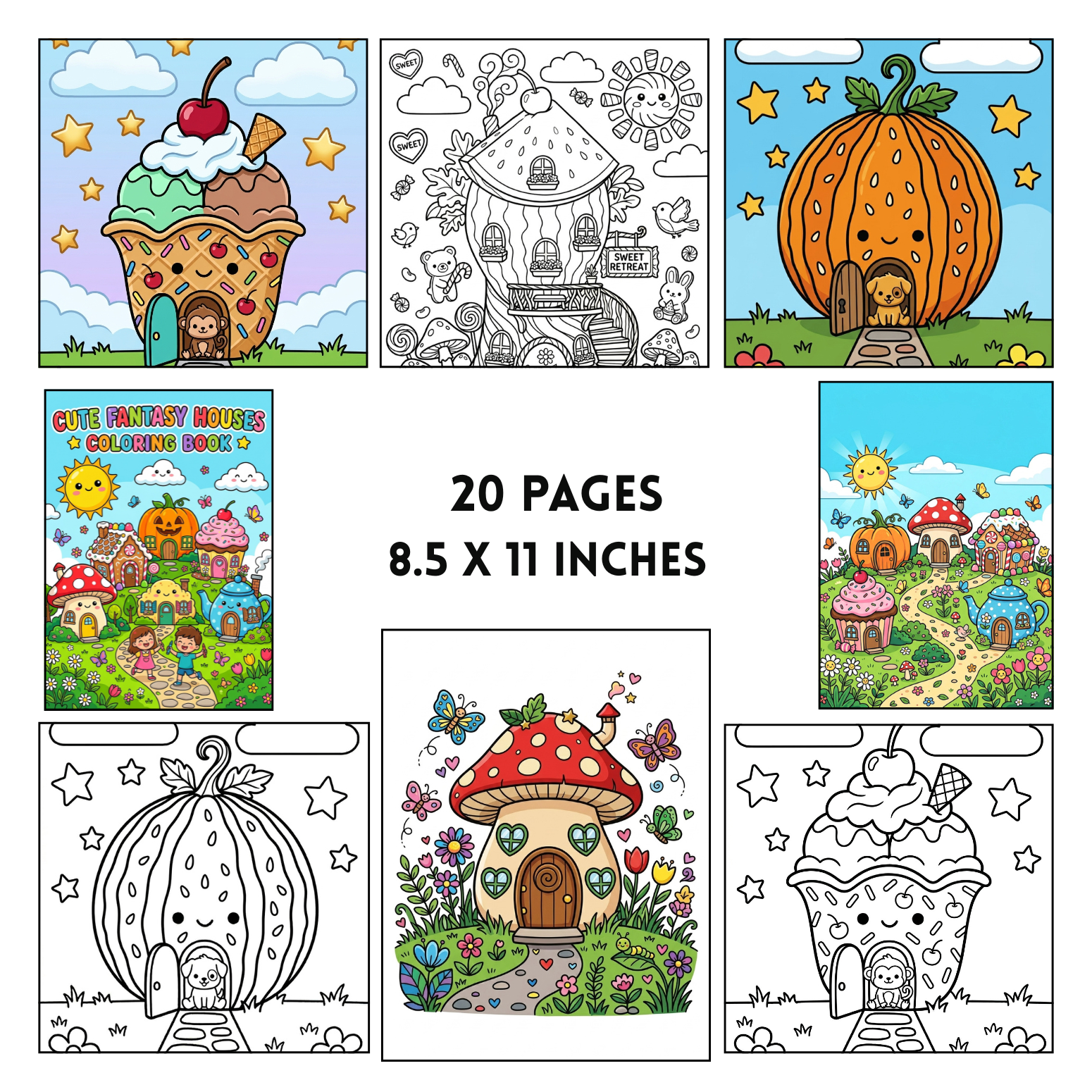 Cute Fantasy Houses Coloring Book | 20 Whimsical Fairy Home Pages