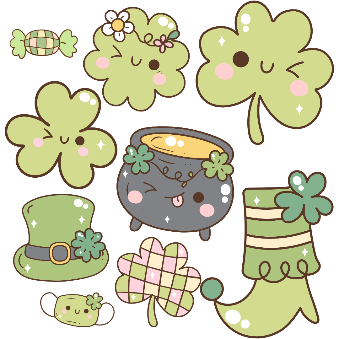 27 Cute Four-Leaf Clover Kawaii Clipart – Lucky Green Leaf PNG