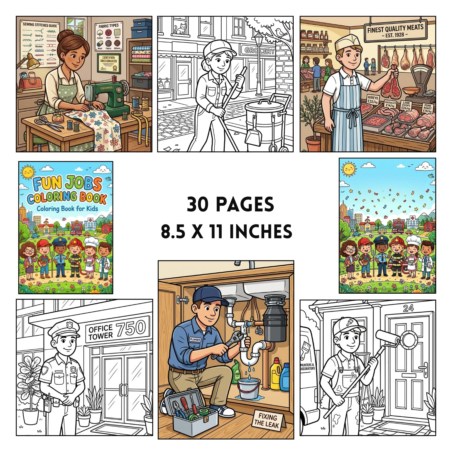 Cute Fun Jobs Coloring Book | 30 Community Helpers Activity Pages