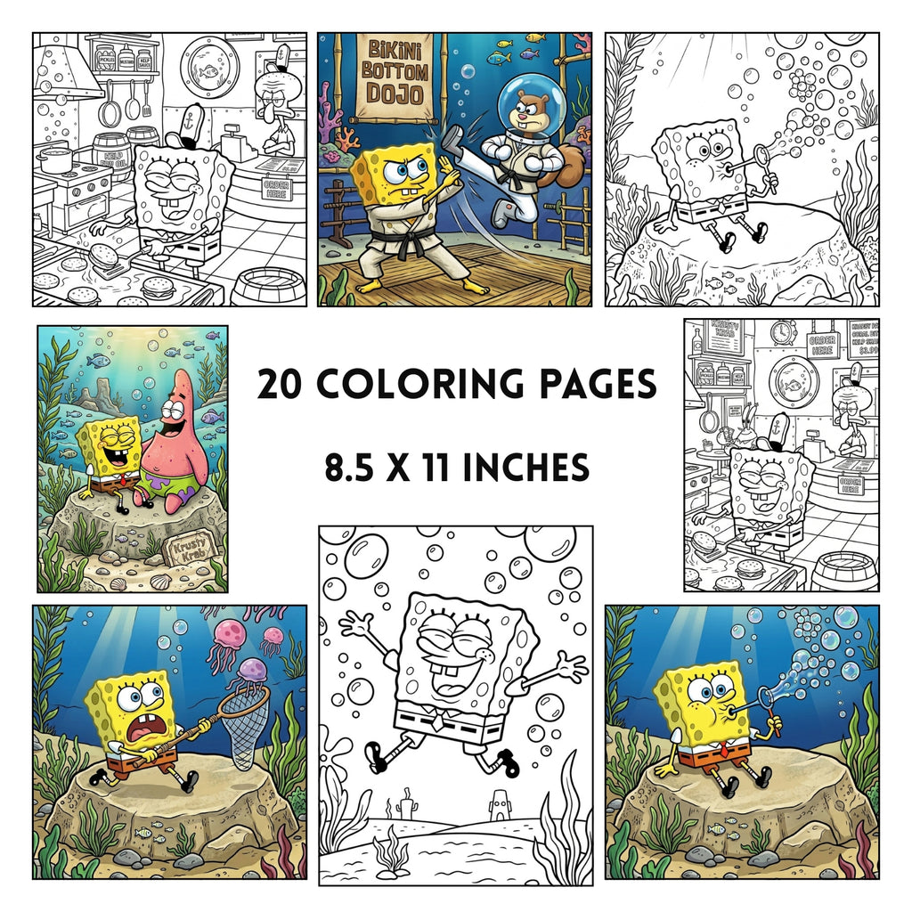 SpongeBob Coloring Pages PDF JPG PNG | 20-Page Digital Kids Activity Book