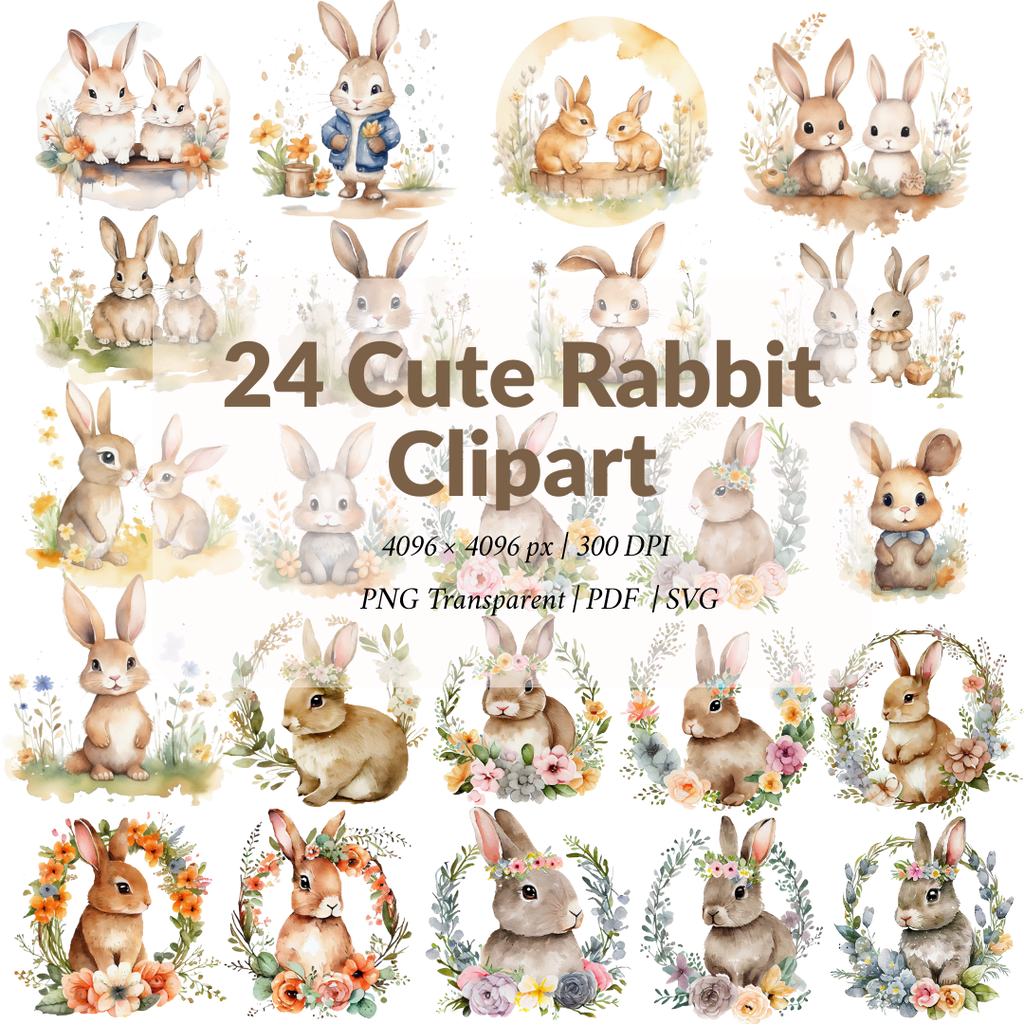 24 Cute Rabbit Clipart PNG Set – High Resolution Bunny Illustrations 4096×4096 | 300 DPI | Transparent Background