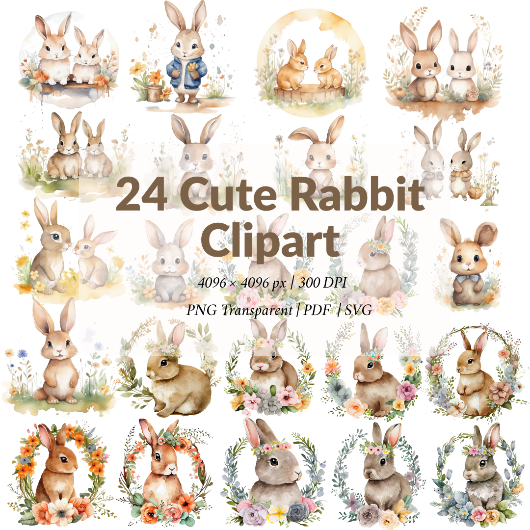 24 Cute Rabbit Clipart PNG Set – High Resolution Bunny Illustrations 4096×4096 | 300 DPI | Transparent Background