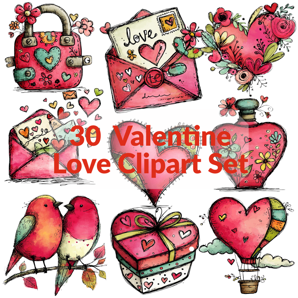 Cute Valentine Love Doodles Clipart Set – 21 Romantic Hand-Drawn Illustrations PNG, SVG & PDF