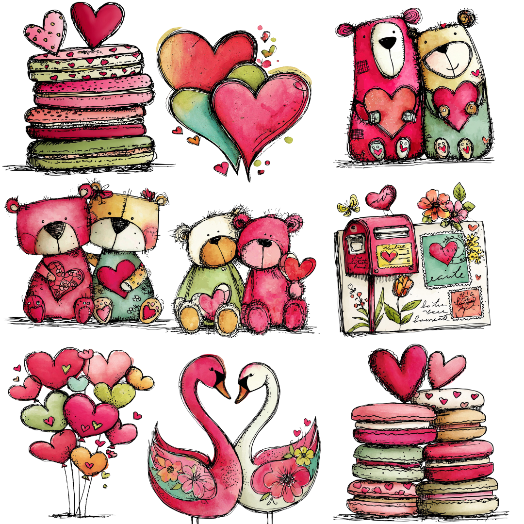 Cute Valentine Love Doodles Clipart Set – 21 Romantic Hand-Drawn Illustrations PNG, SVG & PDF