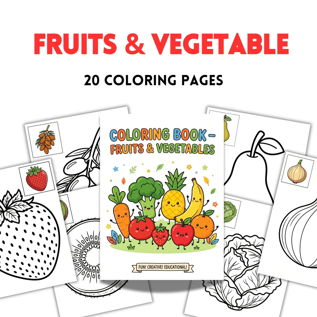 Cute Fruits & Vegetables Printable Coloring Book | 20 Early Learning Pages