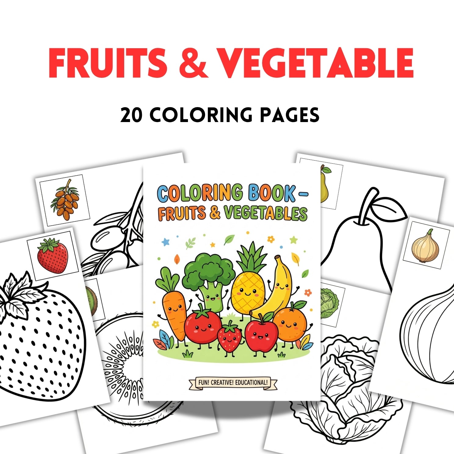 Cute Fruits & Vegetables Printable Coloring Book | 20 Early Learning Pages