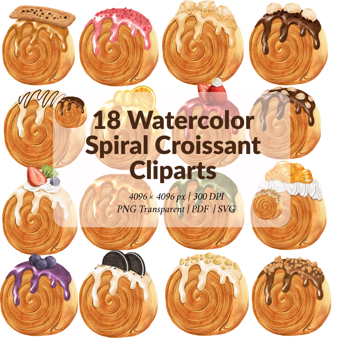 18 Watercolor Spiral Croissant Cliparts – Glazed Cinnamon Roll Style Croissants Collection (Transparent PNG, SVG & PDF)