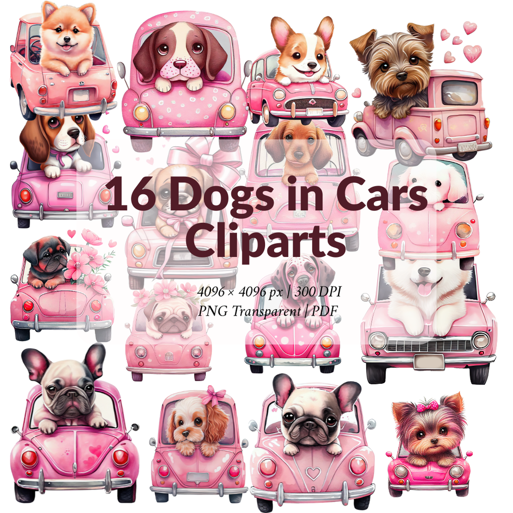 16 Dogs in Cars Cliparts – PNG & PDF Pack – Retro & Modern Style