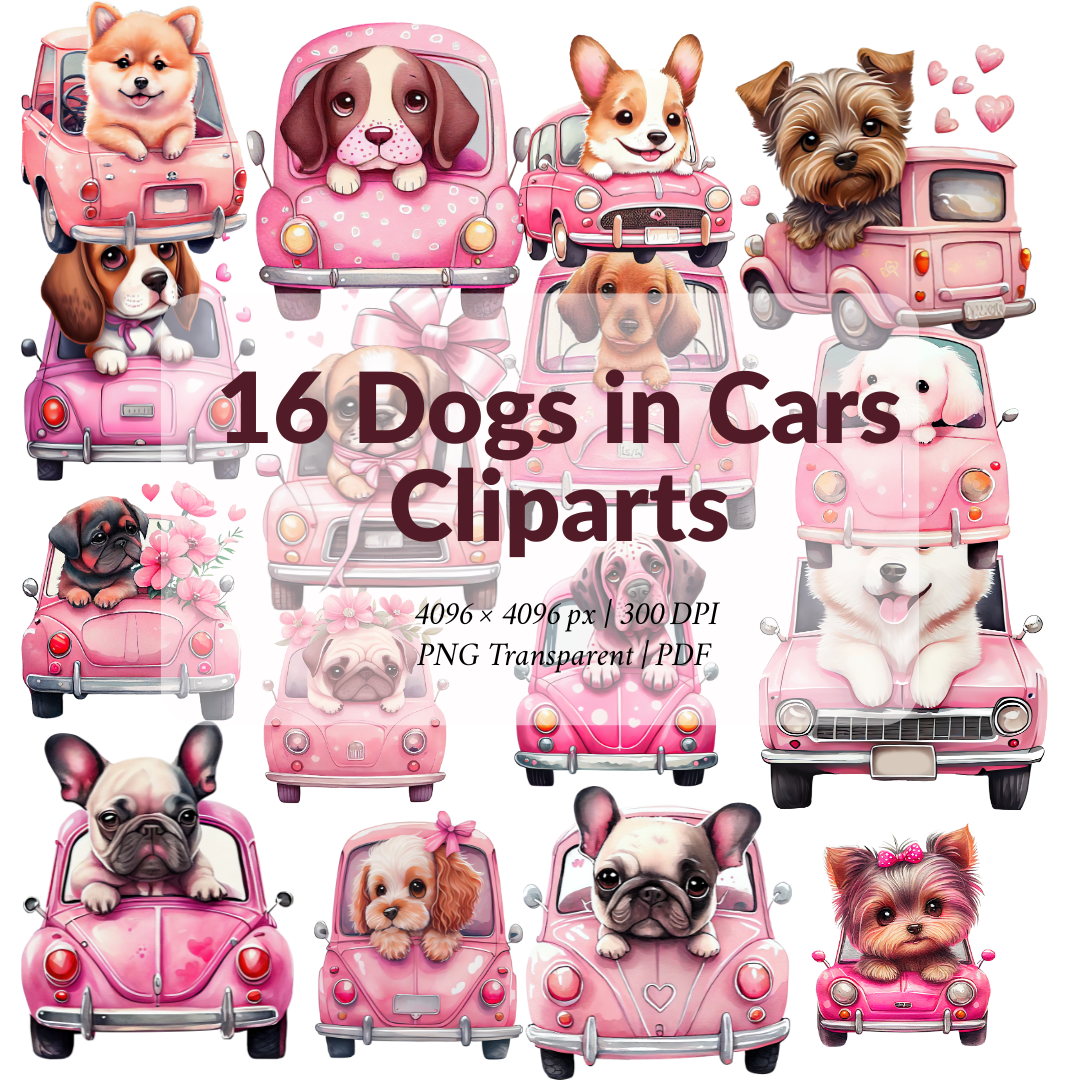 16 Dogs in Cars Cliparts – PNG & PDF Pack – Retro & Modern Style