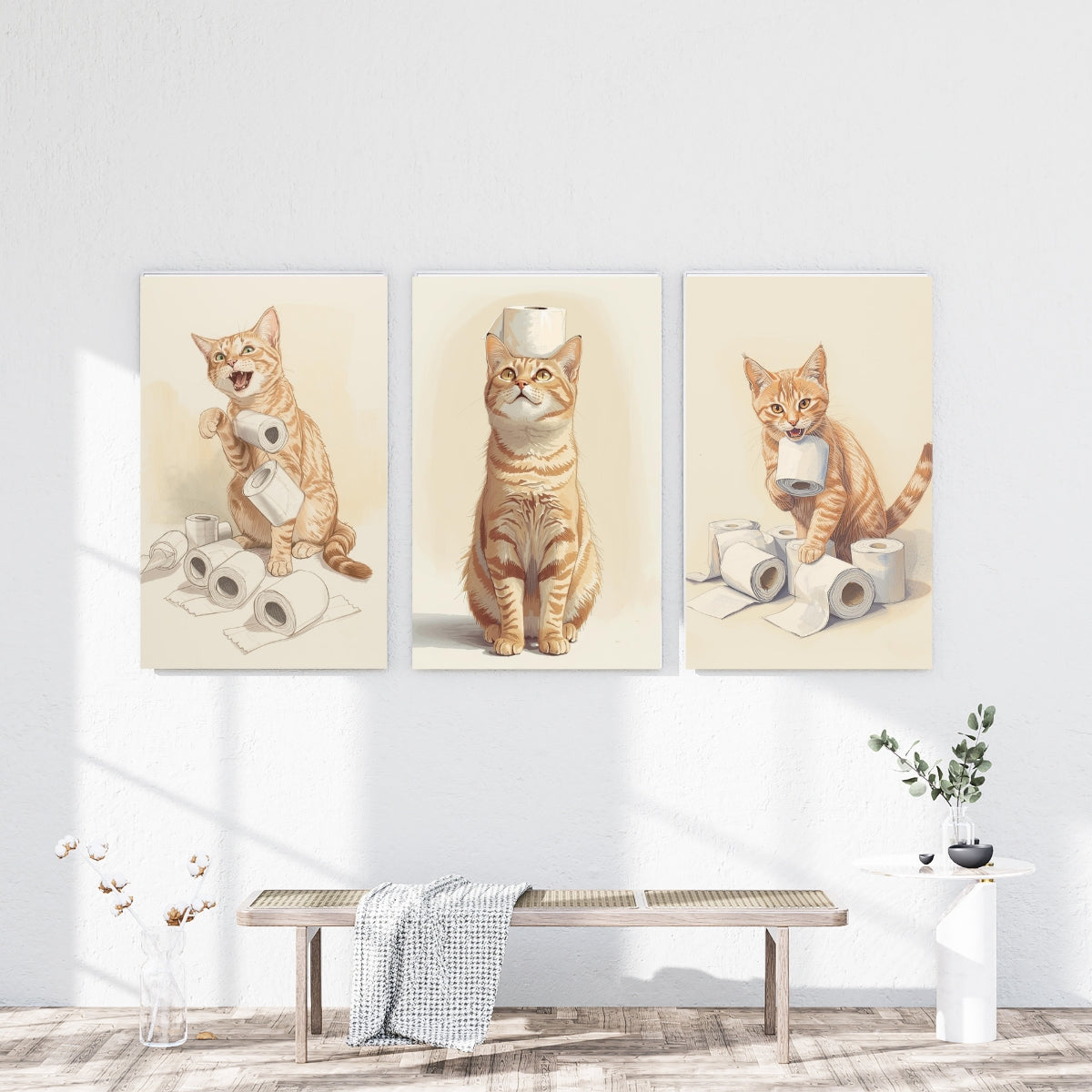 Funny Cat Bathroom Wall Art Set of 3 | Neutral Printable Digital Decor | Digital Download