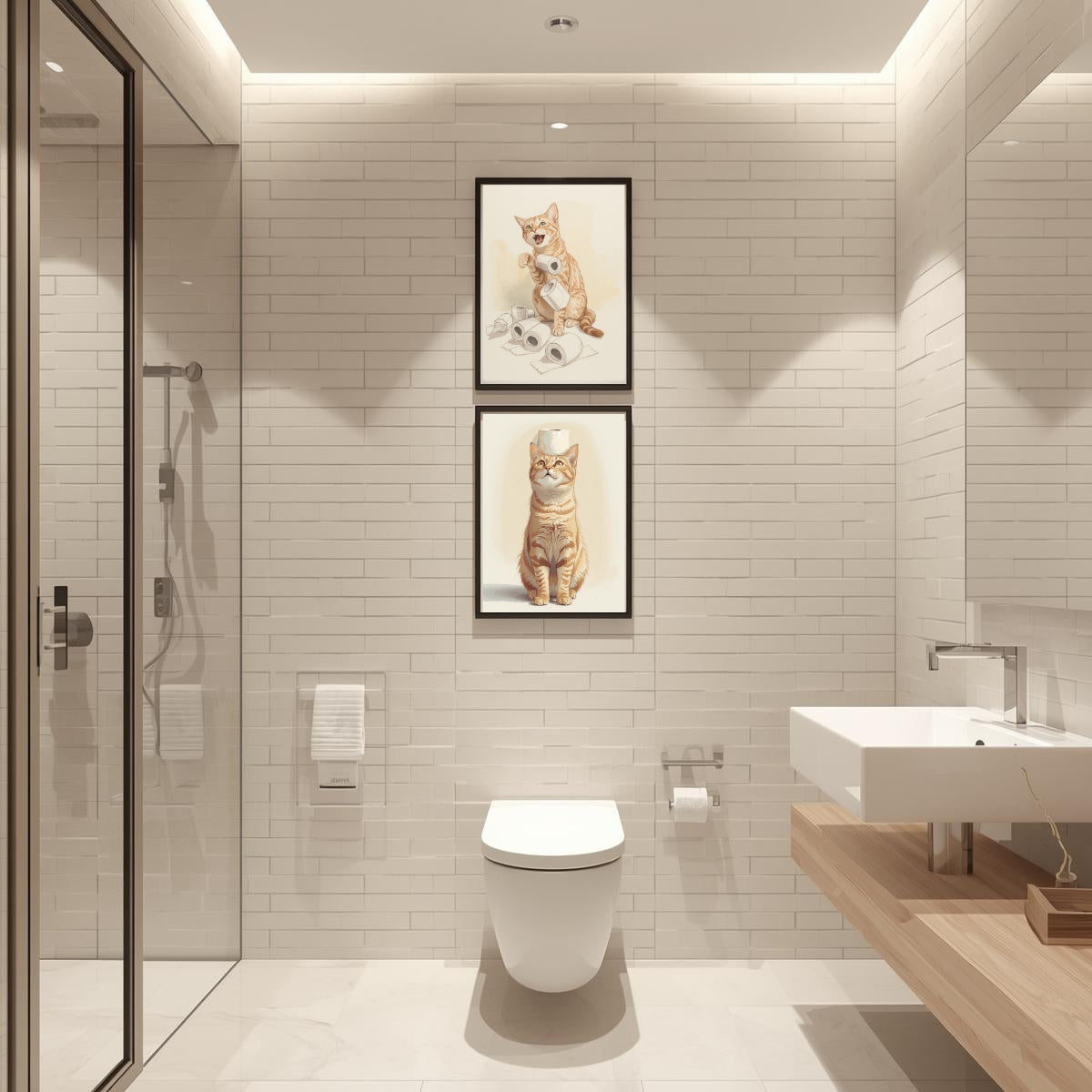 Funny Cat Bathroom Wall Art Set of 3 | Neutral Printable Digital Decor | Digital Download