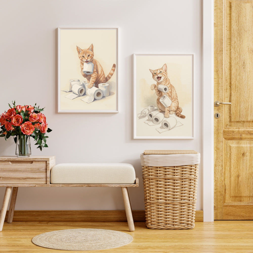 Funny Cat Bathroom Wall Art Set of 3 | Neutral Printable Digital Decor | Digital Download